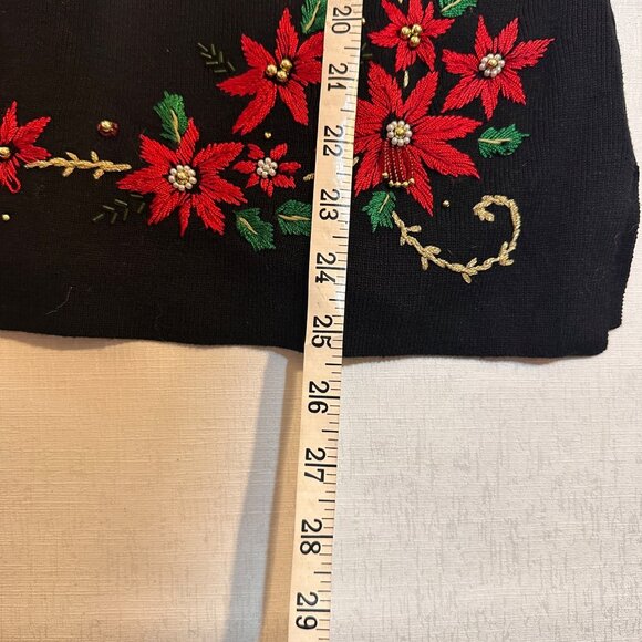Vintage Kikit Black Christmas Sweater Red Poinsettia Embroidery Beaded Accents H - Picture 5 of 8